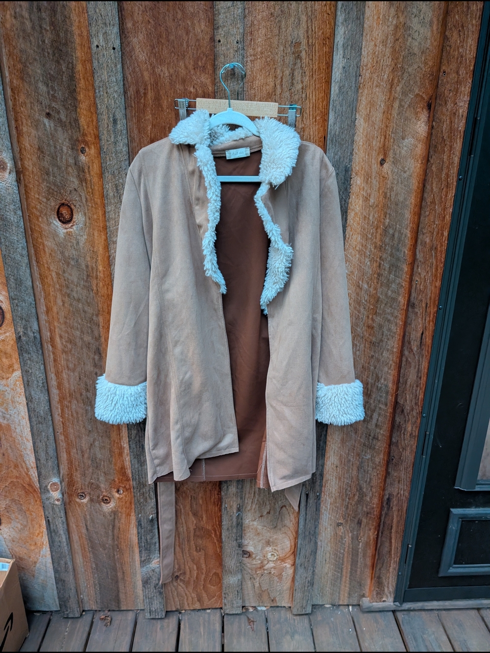 Altar'd State Cozy Faux-Suede Shearling Trim Jacket - Tan And Creamy White